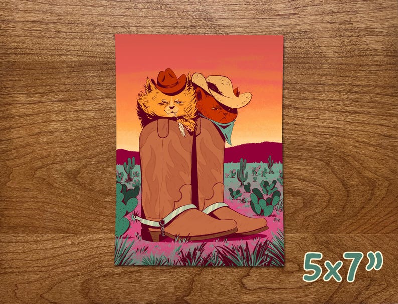 Cowboy Cat Print, Cowboy Boot Art Print, Western Boot Decor, Cowboy Aesthetic, Desert Art, Puss in Boots, Cat Illustration, Meowdy, Kitties image 2