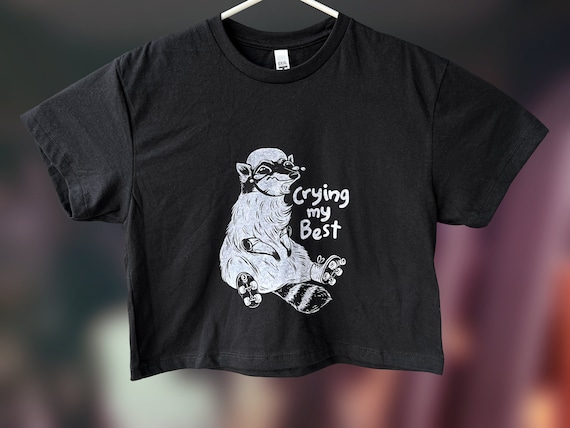 Raccoon Crop Top, Trash Panda Shirt, Trying My Best Shirt, Roller Skating Tees, Cute Crop Tees, Screen Printed Tees, Funny Raccoon, Crybaby