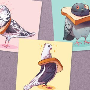 Puede incluir: Tres ilustraciones de palomas que llevan pan como sombrero o collar. La primera paloma lleva una rebanada de pan como collar y est&aacute; sobre un fondo rosa. La segunda paloma lleva una rebanada de pan como sombrero y est&aacute; sobre un fondo azul. La tercera paloma lleva una rebanada de pan como collar y est&aacute; sobre un fondo amarillo.