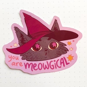 May include: A pink sticker featuring a cartoon illustration of a black cat wearing a pink witch hat with stars. The text "you are meowgical" is written below the cat.