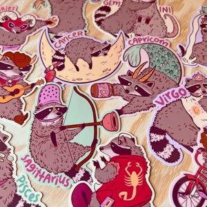 Adesivos do zodíaco, presentes do signo do zodíaco, animais do zodíaco, presentes de astrologia, adesivos de guaxinim, adesivo de panda de lixo, conjunto do zodíaco, signo de estrela, guaxinim