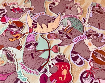 Zodiac Stickers, Zodiac Sign Gifts, Zodiac Animals, Astrology Gifts, Raccoon Stickers, Trash Panda Sticker, Zodiac Set, Star Sign, Racoon