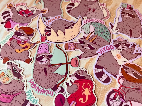 Zodiac Stickers, Zodiac Sign Gifts, Zodiac Animals, Astrology Gifts, Raccoon Stickers, Trash Panda Sticker, Zodiac Set, Star Sign, Racoon