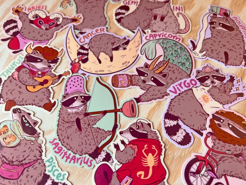 Stjärnteckenklistermärken, Stjärnteckenpresenter, Stjärnteckendjur, Astrologipresenter, Tvättbjörnsklistermärken, Skräppanda-klistermärke, Stjärnteckenset, Stjärntecken, Tvättbjörn Full Set of 12