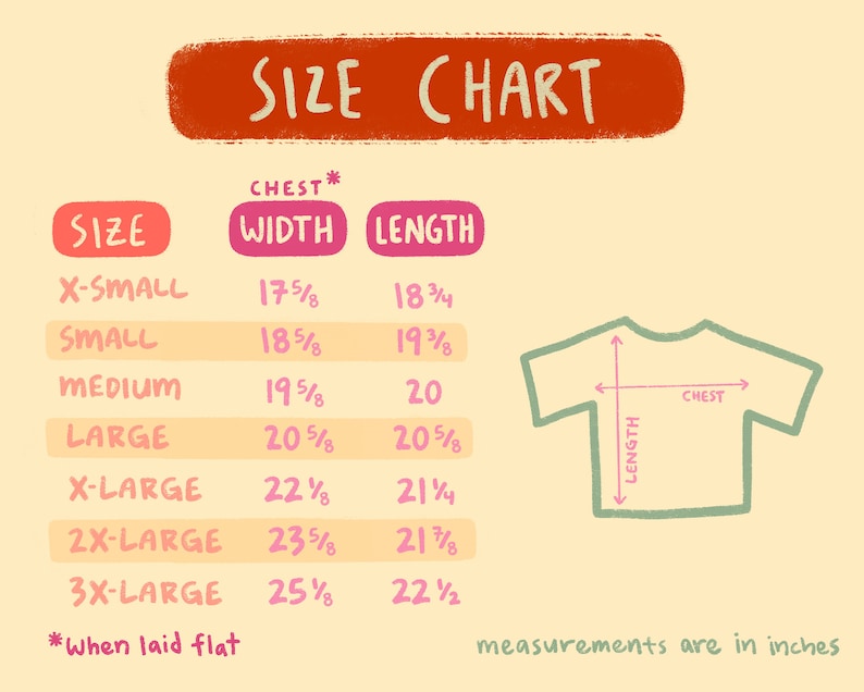 May include: A size chart for a t-shirt with measurements in inches. The chart shows the chest width and length for sizes X-Small to 3X-Large. The chart is on a light yellow background with a red and orange title bar that says "SIZE CHART".