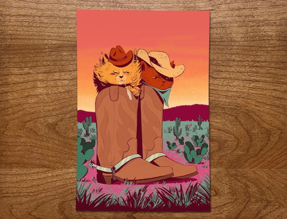 Cowboy Cat Print, Cowboy Boot Art Print, Western Boot Decor, Cowboy Aesthetic, Desert Art, Puss in Boots, Cat Illustration, Meowdy, Kitties
