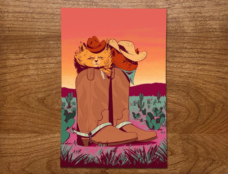 Cowboy Cat Print, Cowboy Boot Art Print, Western Boot Decor, Cowboy Aesthetic, Desert Art, Puss in Boots, Cat Illustration, Meowdy, Kitties image 1