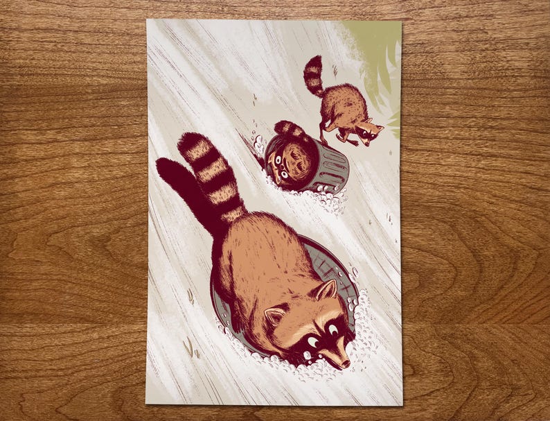 Raccoon Art Print, Winter Artwork, Raccoon Gifts, Funny Raccoon, Sledding Decor, Funny Animal Prints, Raccoon Illustration, Wildlife Art image 1
