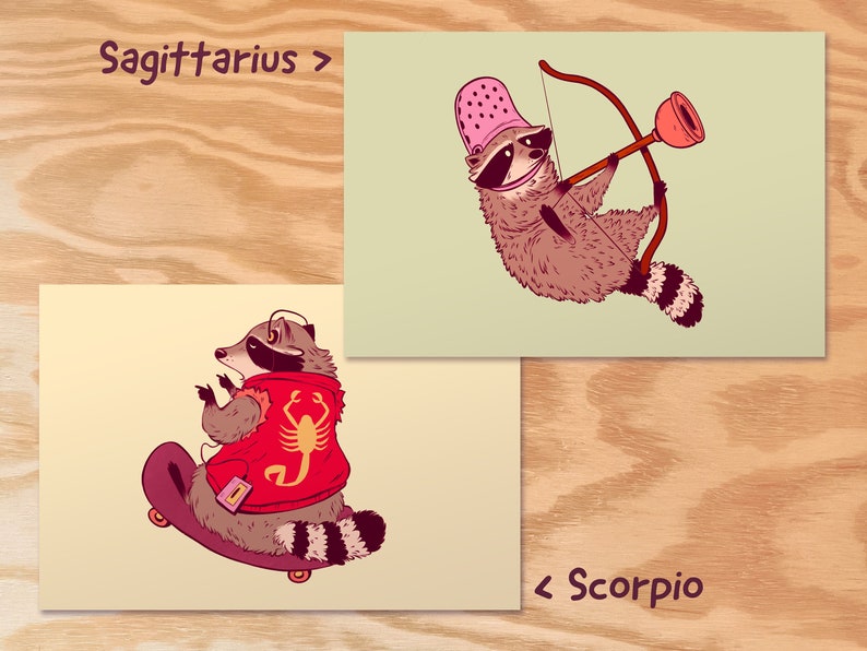Sternzeichen Kunstdruck, Sternzeichen Geschenke, Sternzeichen Tiere, Astrologie Geschenke, Astrologie Dekor, Waschbär Kunstwerk, Lustiger Waschbär Druck, Astrologische Bild 7