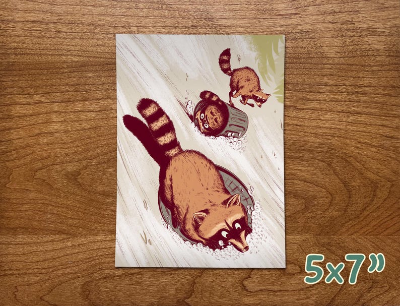 Raccoon Art Print, Winter Artwork, Raccoon Gifts, Funny Raccoon, Sledding Decor, Funny Animal Prints, Raccoon Illustration, Wildlife Art Small 5x7"