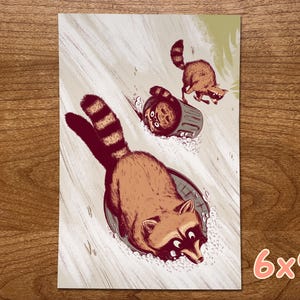 Raccoon Art Print, Winter Artwork, Raccoon Gifts, Funny Raccoon, Sledding Decor, Funny Animal Prints, Raccoon Illustration, Wildlife Art Medium 6x9"