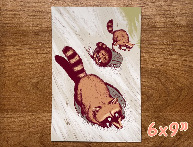 Raccoon Art Print, Winter Artwork, Raccoon Gifts, Funny Raccoon, Sledding Decor, Funny Animal Prints, Raccoon Illustration, Wildlife Art Medium 6x9"