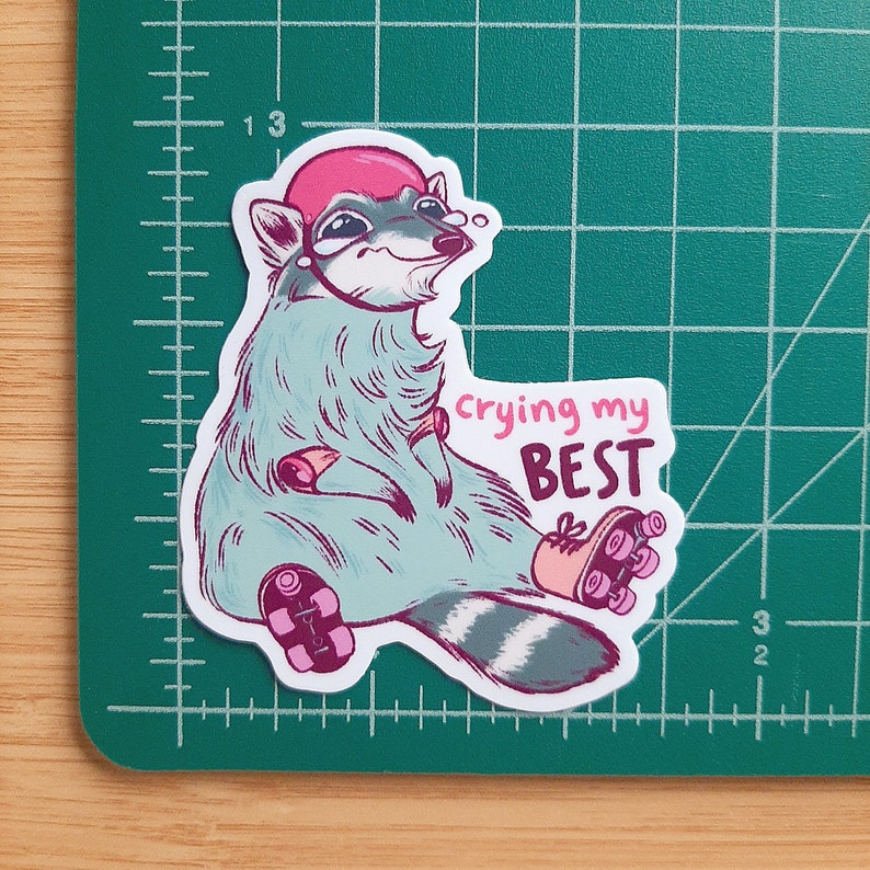 May include: A sticker featuring a cartoon raccoon wearing a pink helmet and roller skates. The raccoon is crying and the text "crying my BEST" is written below it.