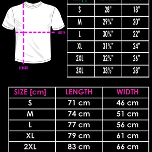 May include: Size chart for a t-shirt in inches and centimeters. The chart shows the size, length, and width of the shirt in both inches and centimeters.