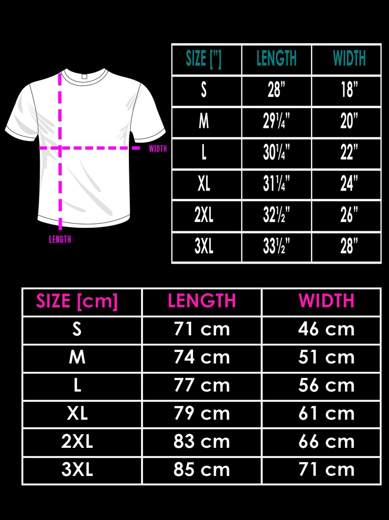 May include: Size chart for a t-shirt in inches and centimeters. The chart shows the size, length, and width of the shirt in both inches and centimeters.