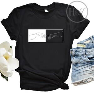 Creation of Adam Michelangelo Sistine Chapel Black and White Line Art Shirt, Teacher Xmas Gifts, Aesthetic Tee, Minimal Art Teacher Shirt