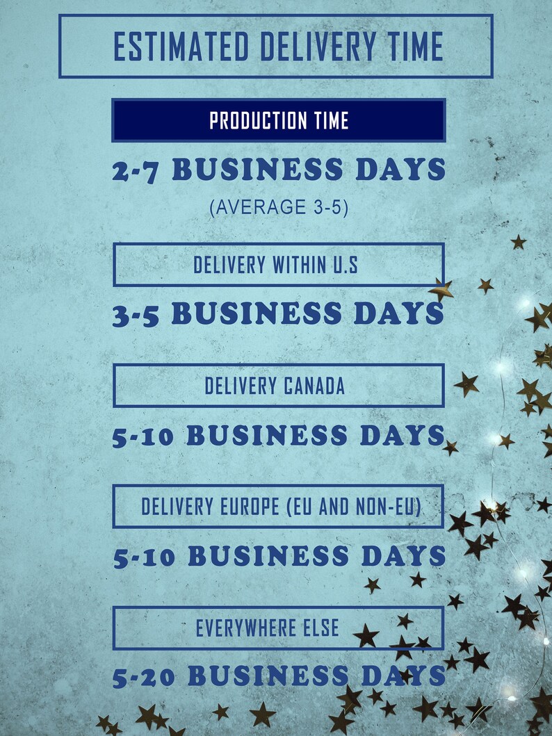 May include: A blue and white graphic with the text "Estimated Delivery Time" and a breakdown of estimated delivery times for different locations. The graphic includes the text "Production Time", "Delivery Within U.S", "Delivery Canada", "Delivery Europe (EU and Non-EU)", and "Everywhere Else".