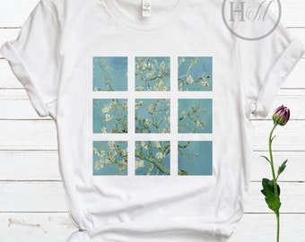 May include: White t-shirt with a graphic print of a painting by Vincent van Gogh. The painting is a close-up of a blooming almond tree branch against a blue sky. The image is divided into nine squares.