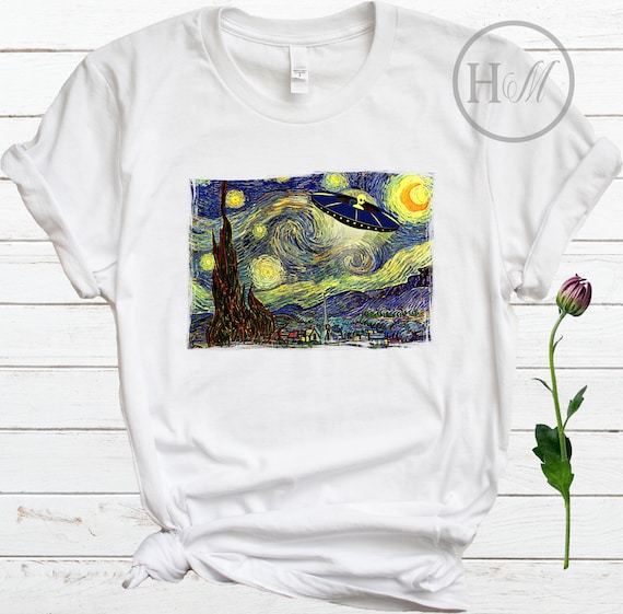 Van Gogh Starry Night, Art Teacher Gift, Novelty T Shirt, Funny Alien UFO Shirt, Alien Gifts,  UFO Alien Art, Artsy Shirt, Quirky Shirt