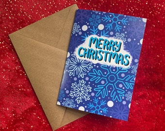 Merry Christmas - A6 Christmas Greetings Card - Seasons Greetings - Snowflakes - Festive - Happy Holidays