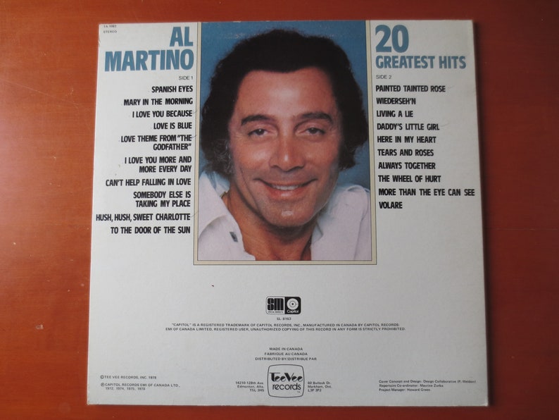 Vintage Records, AL MARTINO Record, 20 GREATEST Hits, Al Martino Album, Al Martino Vinyl, Al Martino Lp, Vinyl, Vinyl Albums, 1977 Records image 2