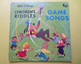 Vintage Walt Disney-skiva, barngåtor och spelsånger, vinylalbum från 1964