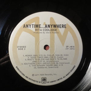 Disques vintage, RITA COOLIDGE, ANYTIME Anywhere, Rita Coolidge Record, Country Records, Rita Coolidge Album, Rita Coolidge Lp, 1977 disques image 5