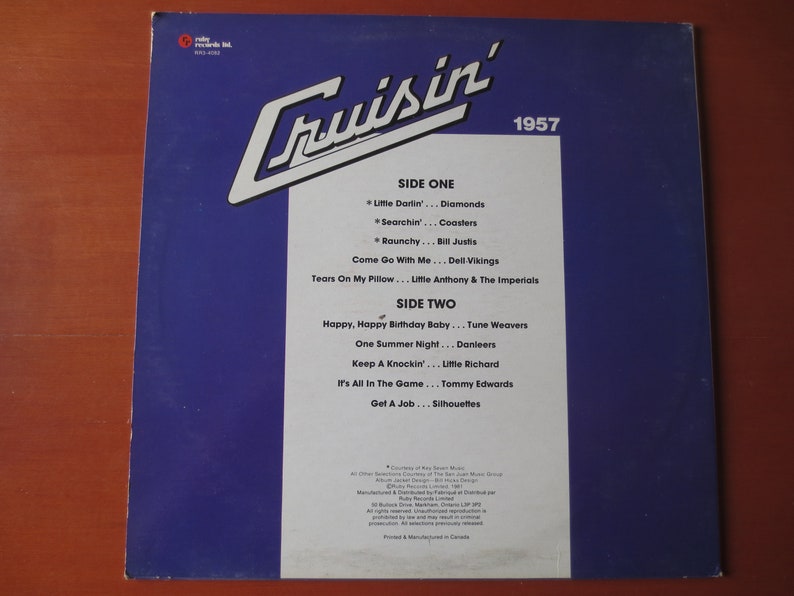 Pu&ograve; includere: Una copertina di un album in vinile blu e bianco con il titolo "Cruisin' 1957". L'album presenta una tracklist di canzoni popolari degli anni '50, tra cui "Little Darlin'" dei Diamonds, "Searchin'" dei Coasters e "Happy, Happy Birthday Baby" dei Tune Weavers.