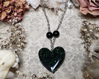 Black Heart Glitter Resin Beaded Necklace