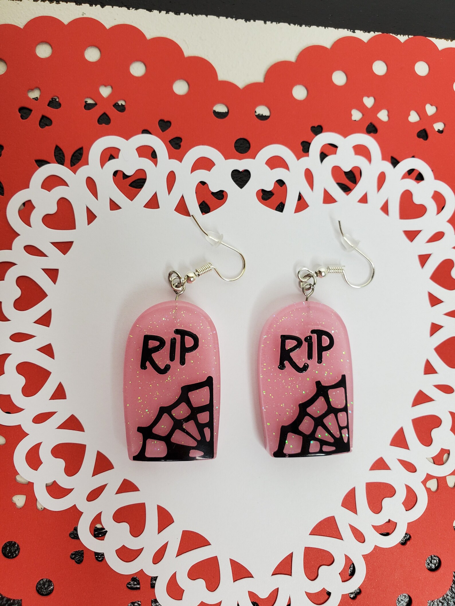 Pink Gravestone R.I.P. Spiderweb Dangle Earrings - Etsy Denmark