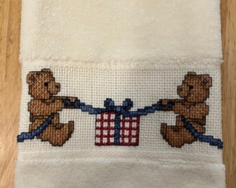 Fingertip Towel - Two Teddy Bears and a Christmas Gift - Bathroom Guest Towel - Cross Stitch