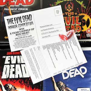 May include: A white paper entry form for a "The Evil Dead" horror competition. The form asks trivia questions about the movie and offers a year's supply of red meat or $500.00 in cash as prizes. The form includes the address for Palace Video Ltd. in London, England.