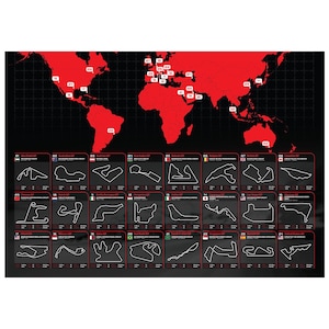 May include: A black and white map of the world with red dots marking the locations of different Formula 1 racetracks. Below the map are 24 black and white illustrations of the racetracks, each labelled with the name of the Grand Prix.