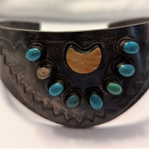 Navajo Cuff Coral Turquoise Southwestern Bracelet Vintage markings Dine Style one missing stone Treasure Rare stamp 925 quality silver #1026