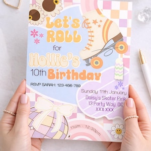 Roller Skating Birthday Invitation Girl | Skate Party Invite | Let's Roll Roller Skate Birthday | Girls Skating Party Invitation 594