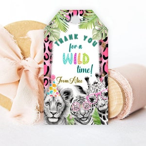 Etiquetas personalizadas para festa de aniversário de meninas, animais selvagens, florais, rosa, etiquetas de presente, obrigado, selva, safari, tema animal 522