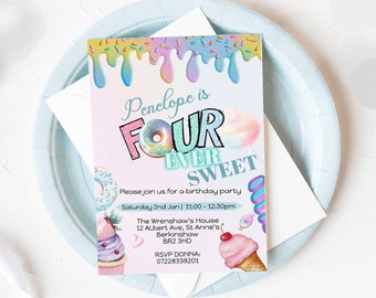 May include: A pink and blue birthday party invitation with a donut, cupcake, and ice cream cone design. The text reads "Penelope is Four Ever Sweet" and includes the date, time, and location of the party.