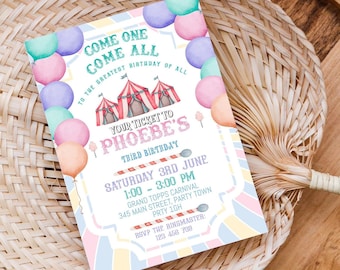 May include: A colorful invitation to a birthday party with a circus theme. The invitation features a whimsical illustration of a circus tent with balloons and the text "Come One Come All To The Greatest Birthday Of All Your Ticket To Phoebe's Third Birthday Saturday 3rd June 1:00-3:00 PM Grand Topps Carnival 345 Main Street, Party Town Prty 1GH RSVP The Ringmaster: 123 458 709".