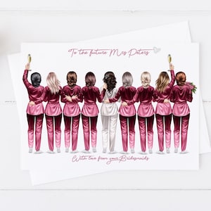 Personalisierte große Hochzeitstagskarte Mrs To Be, zukünftige Brautkarte Beste Freundin Schwester Cousine Bestie / Brautstamm, rosa Brautjungfer Pyjamas 1270