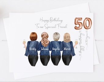 May include: A rectangular greeting card featuring an illustration of four friends from behind, wearing denim jackets and black pants. The text reads Happy Birthday To our Special Friend, with the number 50 in rose gold balloons and Happy Birthday To you.