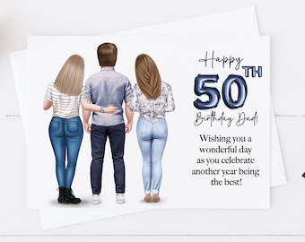 Tarjeta de feliz cumpleaños personalizada para papá, papá e hijas. Tarjeta grande hecha a mano para los 40, 50, 60 y 70 años. Recuerdo familiar de feliz cumpleaños para papá. 1118