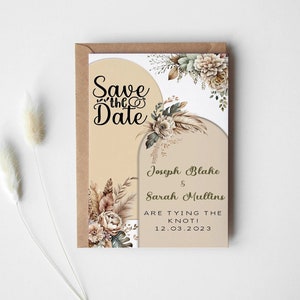 Invito a nozze personalizzato Save the Date, nota di matrimonio moderno Boho, Boho Neutral Save the date, Pampa, Modern Save The Date 225