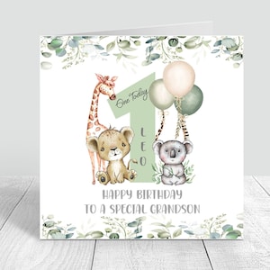 Cartão de aniversário personalizado para meninos, 1º safári, cartão de primeiro aniversário feito à mão para irmão, filho, neto, sobrinho, bebê, cartão de primeiro aniversário 134