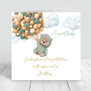 Tarjeta de bebé recién nacido / niña - Globo aerostático hecho a mano y personalizado bebé Oso Regalos recién nacidos Tarjeta de felicitación 260