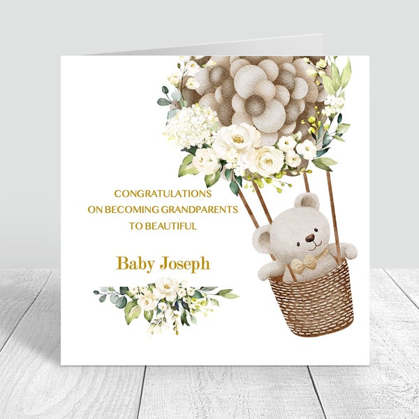 Personalised Congratulations on becoming grandparents card Teddy Theme Hot air balloon new baby card New Grandparents Baby Boy Baby girl 135