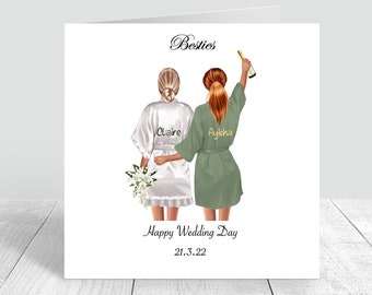 Gepersonaliseerd op uw trouwdag kaart voor beste vriend zus neef verschillende kapsels handgemaakte bruidsmeisje Maid of Honor Bestie Bride 0091