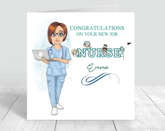 Personalised New Job  Nurse Card Congratulations on your new job Women&#39;s Nurse Card Well Done Customise Hair 175