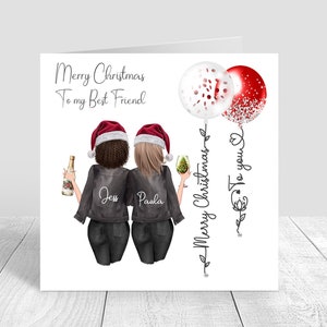 Cartão de feliz natal feminino personalizado melhor amigo feito à mão irmã melhor amigo primo natal, chapéus de papai noel e bebidas de natal 649