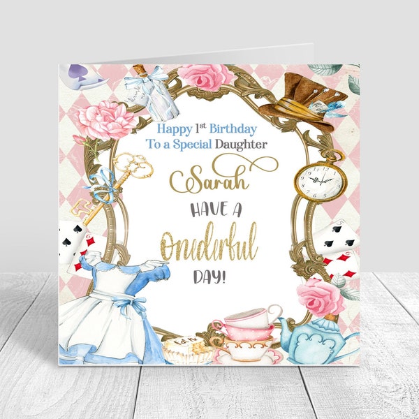 Girls Personalised Onderful Birthday Card Handmade 1st birthday Theme Pink Wonderland Tea Party Greeting Card 1st 389