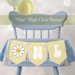 Daisy Birthday Banner High Chair Banner, Floral 1st First Birthday Yellow , Girls Party Decor ,  Summer Bunting, Pastel Retro Daisy ONE 477